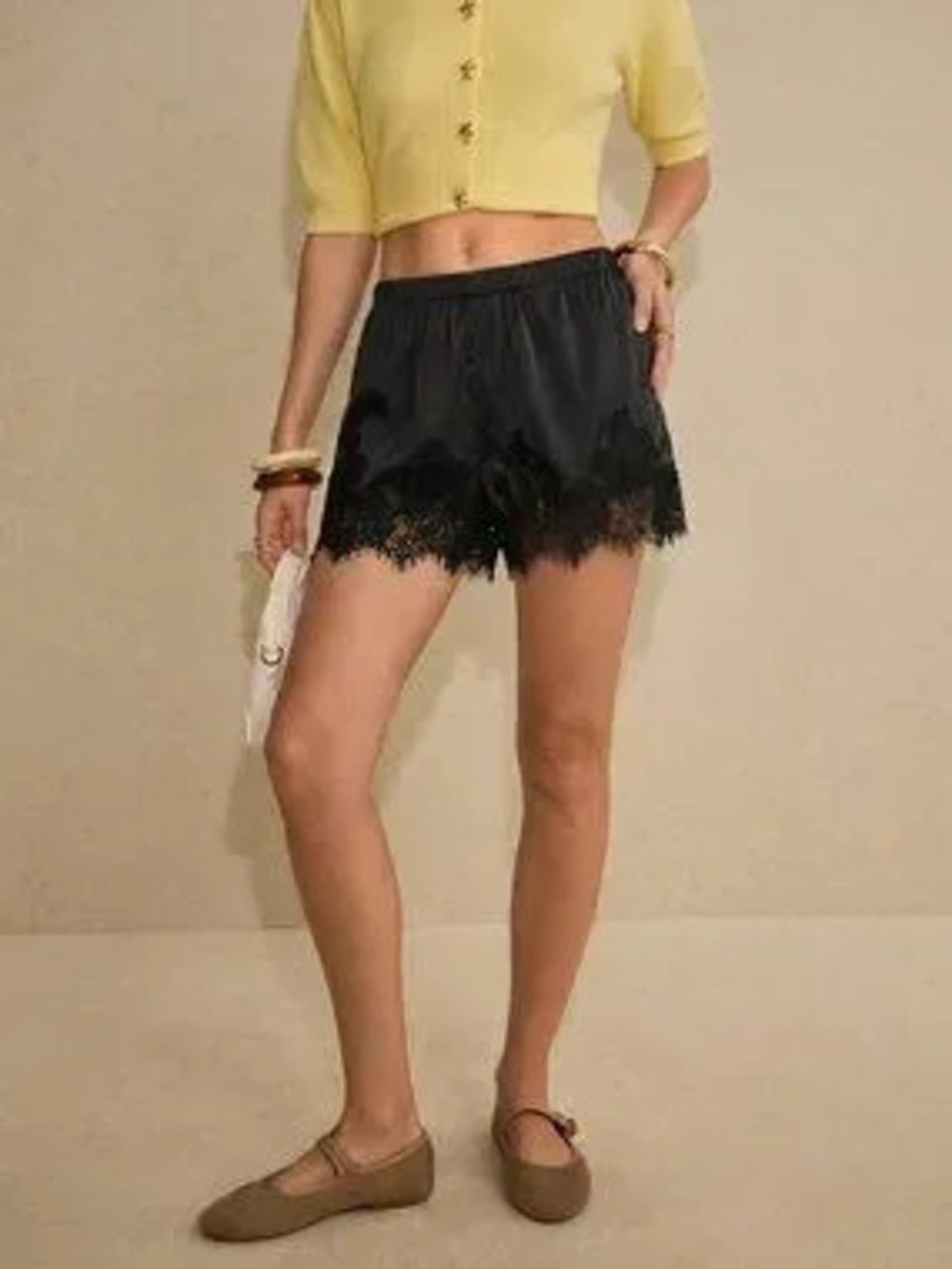 ZARA Black Casual Women's Minimalist Lace Patchwork Bloomer Lace Satin Shorts